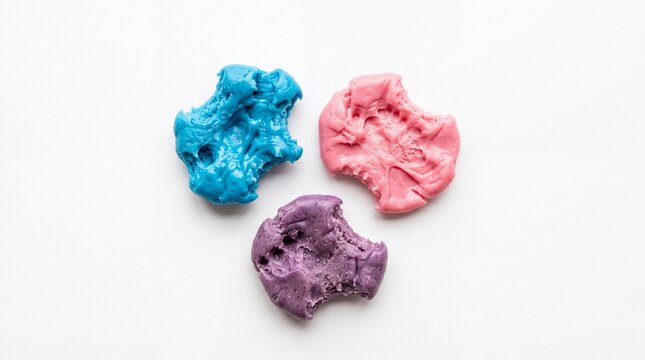 Three pieces of colorful chewing gum with teeth marks