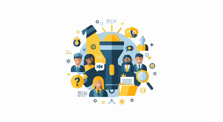 Fototapeta premium Business Discovery and Search Concept Illustration with Flashlight, Magnifying Glass, and Diverse Professional Team