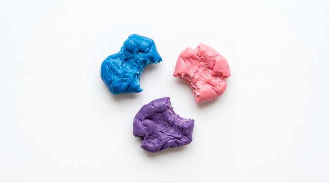 Three pieces of colorful chewing gum with teeth marks