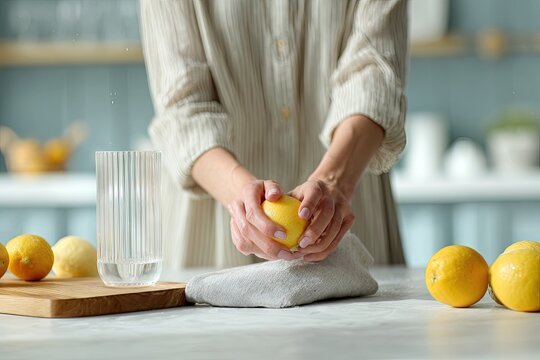 Woman preparing fresh lemon juice in modern kitchen setting healthy lifestyle