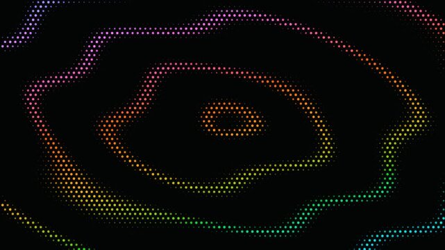 Abstract topographic wave of colorful glowing dots on black