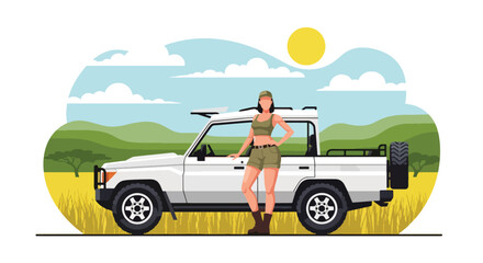 Flat style vector illustration of a female traveler experiencing wildlife safari adventures in Kenya, ideal for tourism campaigns, travel advertising and nature destination promotion © Amie
