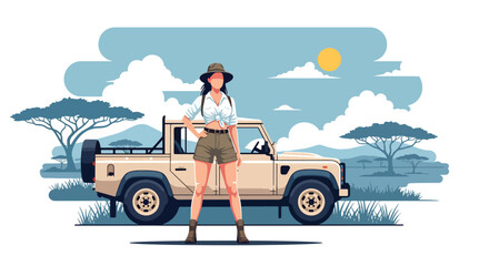 Flat style vector illustration of a female traveler experiencing wildlife safari adventures in Kenya, ideal for tourism campaigns, travel advertising and nature destination promotion © Amie