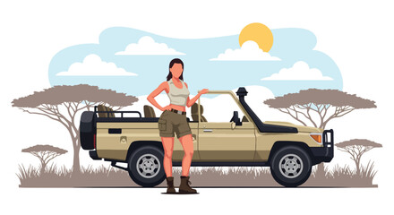 Flat style vector illustration of a female traveler experiencing wildlife safari adventures in Kenya, ideal for tourism campaigns, travel advertising and nature destination promotion © Amie