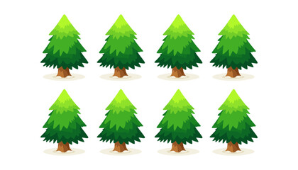 Set of eight stylized evergreen pine trees in two rows with collection © MSTRUNA