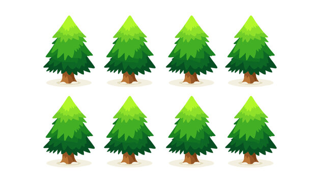 Set of eight stylized evergreen pine trees in two rows with collection