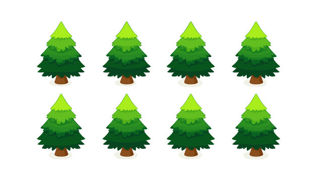 Row of eight green pine tree illustrations with a collection of stylized