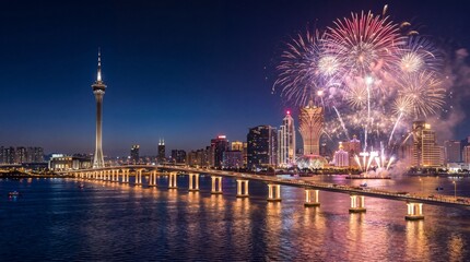 Obraz premium Bright fireworks over city skyline at night