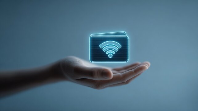 Glowing blue wifi wallet icon floating above open hand.