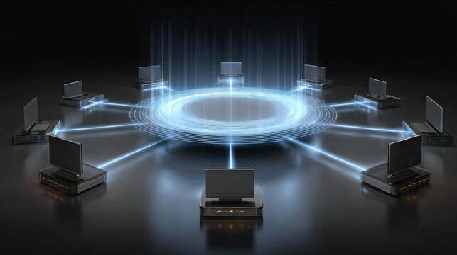 Highly realistic photo of round table with several electronic devices connected by glowing blue lines representing network communication