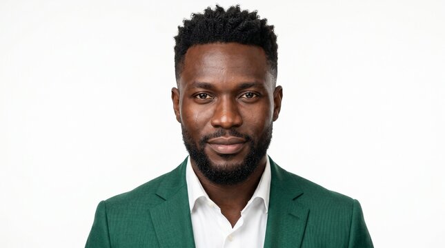 Professional corporate headshot of a successful male entrepreneur in green suit, business portrait