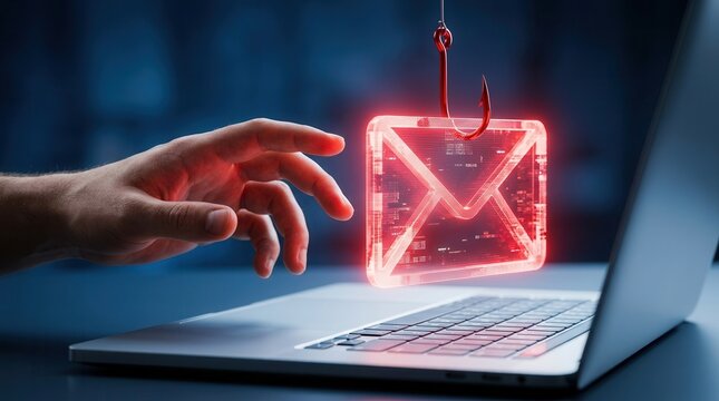 Fraudulent messages and spoofing via a red phishing hook icon on a laptop screen.