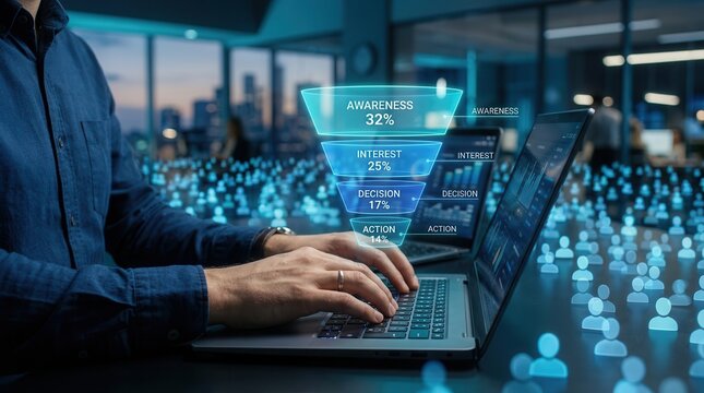Marketing analytics visualizing conversion and drop-off rates through a digital sales funnel.