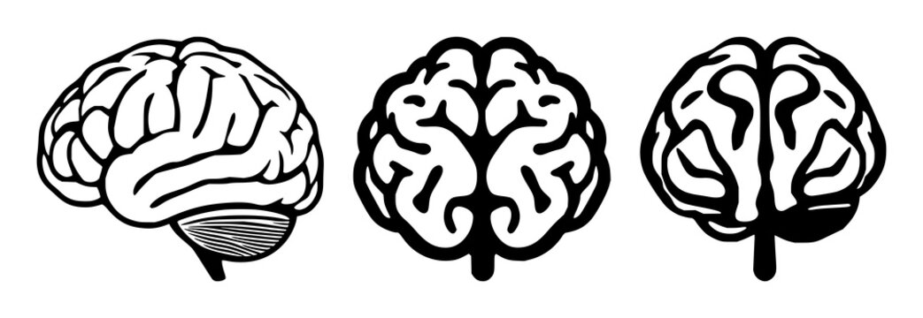 Solid black icon, white background: neurology brain synapse icon set with simple line art design featuring simple design, minimalist, black and white with illustrations and graphics