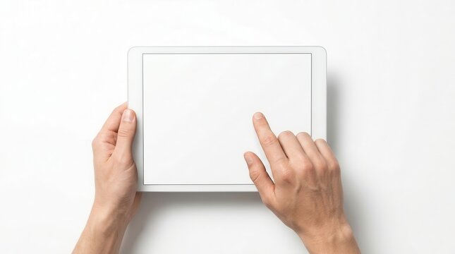 Closeup of human hands using a white digital tablet with blank screen and shadow.