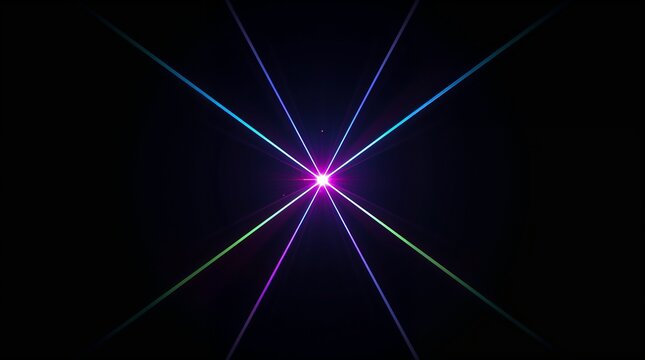Glowing multicolored laser beams radiating from center point on dark background energy concept
