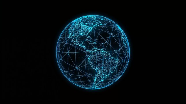 Digital wireframe globe with glowing network connections global communication concept on dark background