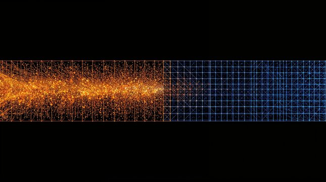 Chaotic particle burst transforming into structured grid pattern on dark background representing order from chaos concept
