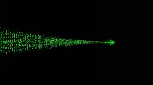 Green binary code data stream flowing in arrow shape on black background technology concept