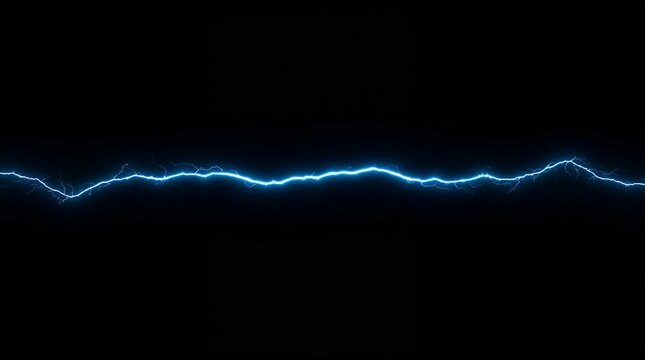 Blue electric lightning bolt striking horizontally on black background energy concept