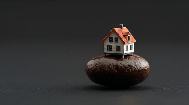 Miniature house model standing on coffee bean foundation concept