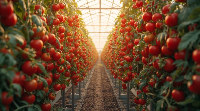 Ripe red tomatoes hanging in rows inside modern greenhouse agriculture concept