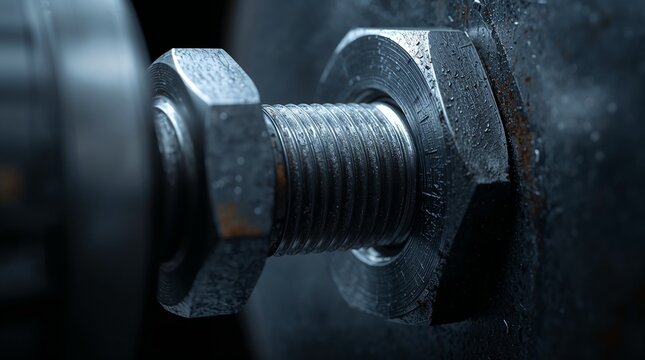 Industrial bolt and nut connection with metallic texture detail on dark background maintenance concept