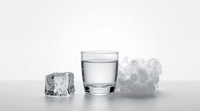 Three states of water matter showing ice cube liquid water and vapor cloud on white background for phase transition concept