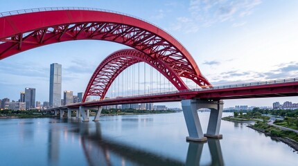 Fototapeta premium Large red arched bridge over a river in a modern city