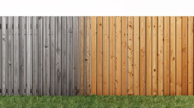 Wooden fence transition from weathered gray to natural pine boards showing aging comparison concept on grass background