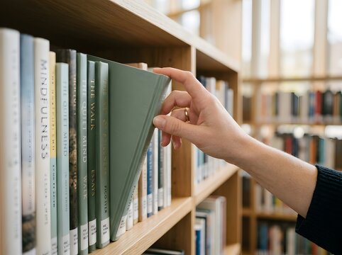 Hand pulling green book from wooden bookshelf in public library or university archive for reading