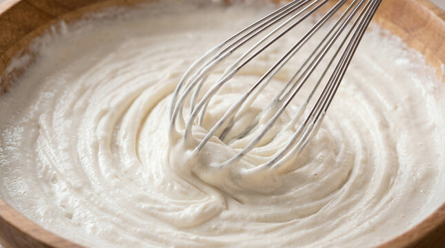 Whisking batter in a wooden bowl with a creamy texture