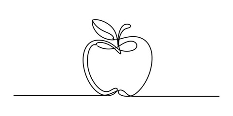 Single continuous line drawing of an apple with a leaf and stem, minimalist art style © Jotish_Design Store