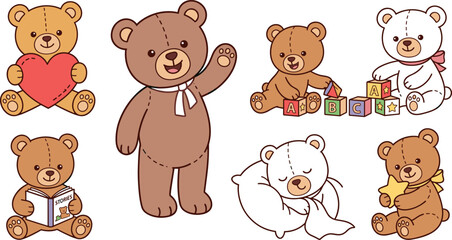 Fototapeta premium Cute Teddy Bear Characters Vector Illustration Set