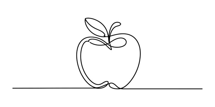 Single continuous line drawing of an apple with a leaf and stem, minimalist art style