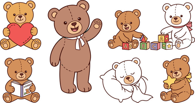 Cute Teddy Bear Characters Vector Illustration Set