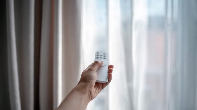 Smart home remote control for curtains, hand holding controller, modern apartment interior, home automation technology, lifestyle convenience, window covering, smart living, wireless technology.