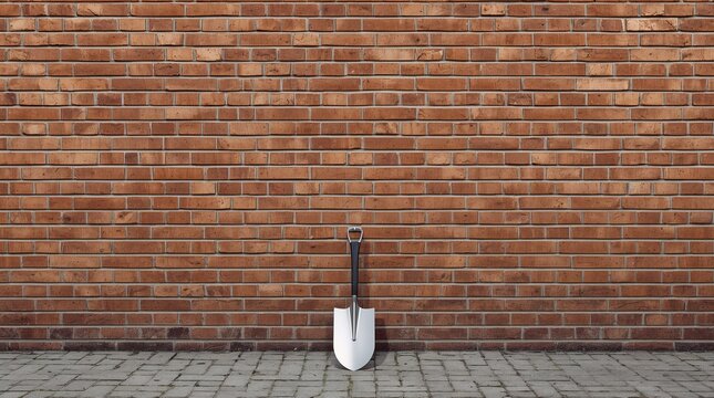 Single shovel against massive brick wall obstacle challenge concept
