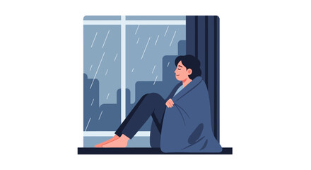 Fototapeta premium Cozy Illustration of a Person Wrapped in a Blanket Sitting by a Window on a Rainy Day