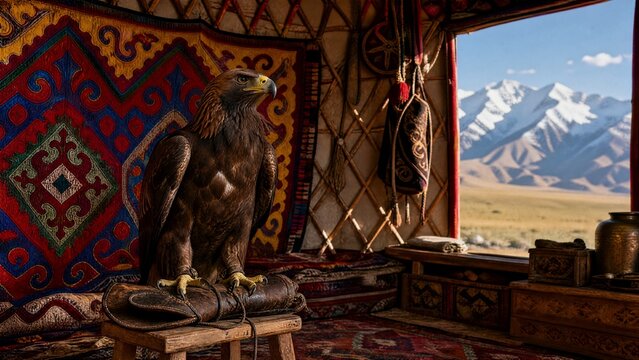 yurt. Colorful felt shyrdak rug on yurt lattice, golden eagle on glove, Central Asian nomadic concept. event programs, museum guides, designed for cultural heritage projects and event programs.