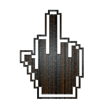 Dark wood texture pixelated middle finger gesture shape with material aggressive negative isolated background computer communication creative structure