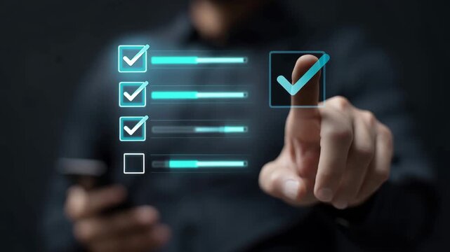 Businessman selecting options on a digital checklist, corporate workflow, task management, project organization, business technology, automation, efficiency, professional strategy, planning success