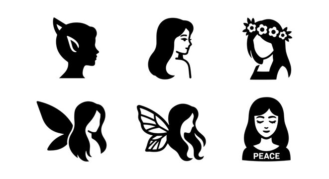 Fairy Icons, Fantasy Characters, Mythical Beings, Enchanted Figures, Vector Silhouettes