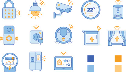 Fototapeta premium Smart house automation icons sheet. Modern flat line art vector elements for intelligent living and wireless technology concepts.