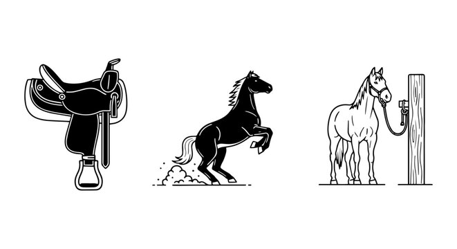 Western Saddle, Rearing Horse Silhouette, Horse Tied to Post Vector Icons