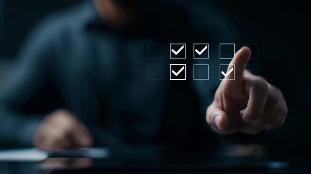 Hand pressing virtual checklist item on business interface, realistic task management technology, completed form, workflow automation, productivity app, project tracking AI