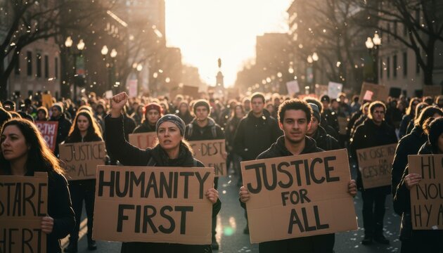 Large crowd of protesters holding signs advocating for justice and humanity in a city street during sunset