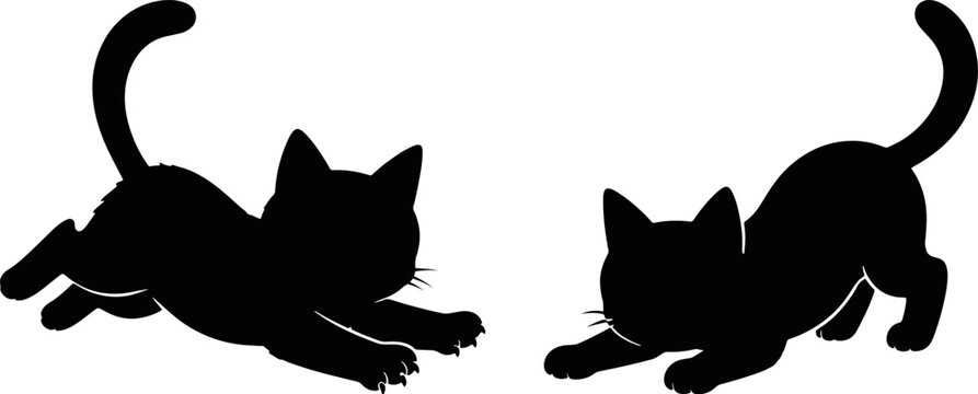 playing cat silhouette vector icon set for pet activity design, cat behavior silhouette collection with playful kitten poses, pet animal vector icons for feline movement and action