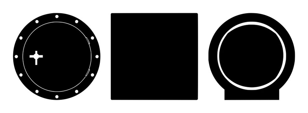 Solid black icon, white background: bank vault security door set with simple line art design featuring line art, illustrations, graphic resources with vector and design elements