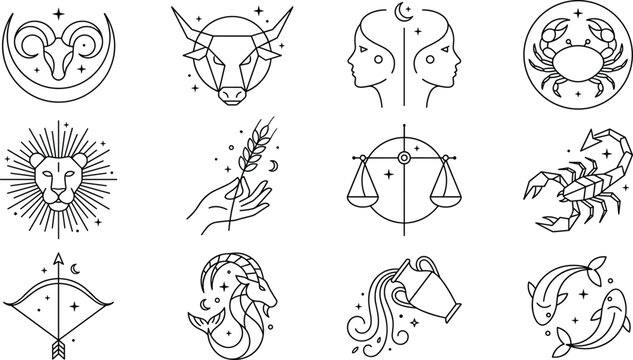Astrology zodiac signs line icon set featuring twelve celestial horoscope symbols with mystic stars crescent moon and geometric elements vector